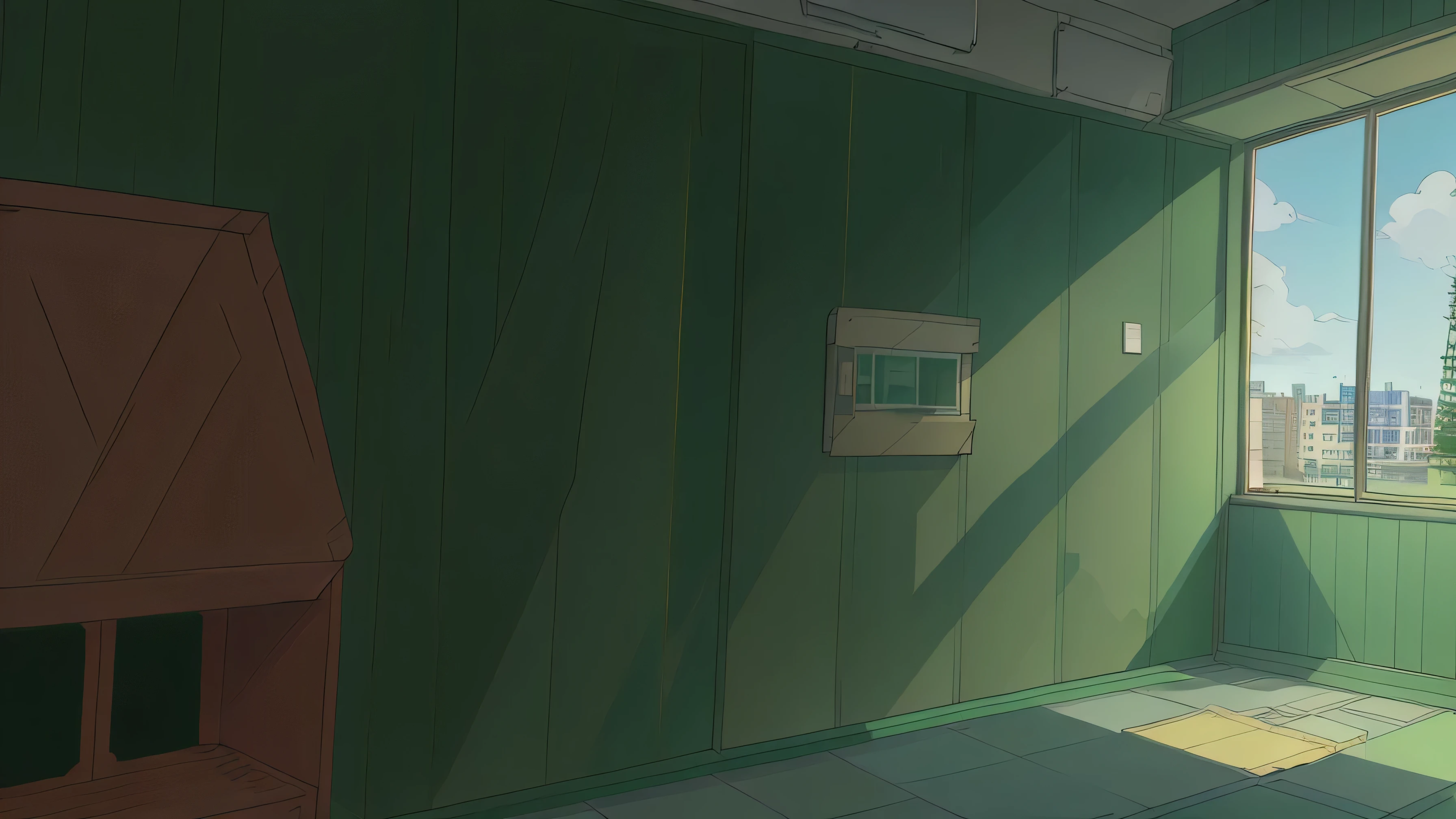 perfect anime illustration, hostel reception, (no people), green walls, garbage, russianebenya, masterpiece, best quality, ultra high res,