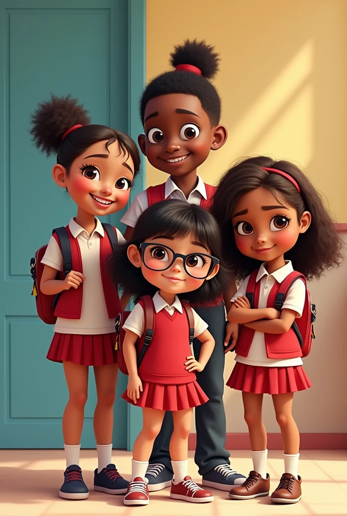4 girls, 1 boy wearing school uniform. The boys skin is brown and two of the girls skin is brown, one of the girls is wearing glasses. Make them into disney pixar style