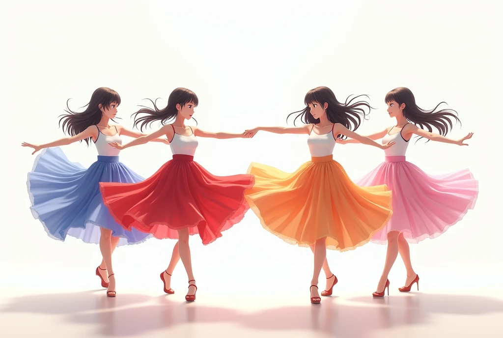 a group of four anime women practicing dance, all of them wearing simple white tank tops with elegant and colorful theatrical skirts.