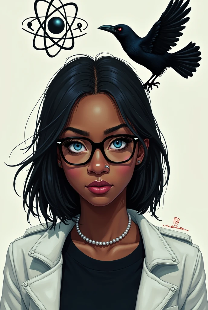 Une fille noire avec une coupe de cheveux mi long, des yeux bleus avec tes lunettes avec un méchant regard, un piercing au nez et à l'arcade, lèvres avec une veste blanche, et une chemise noire juste au-dessus d'elle un corbeau et un atome