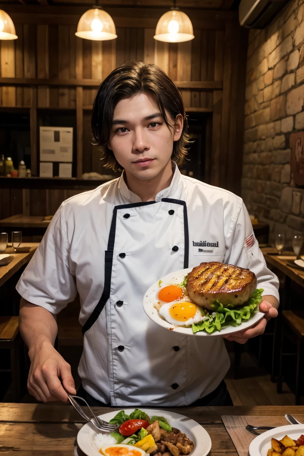 bear, tabby, wearing a madueira restaurant uniform, selling illegally, in a rustic restaurant a dish consisting of white rice, red beans, fried oalito potatoes, fried egg and a huge grilled beef tenderloin, with lettuce and tomato.