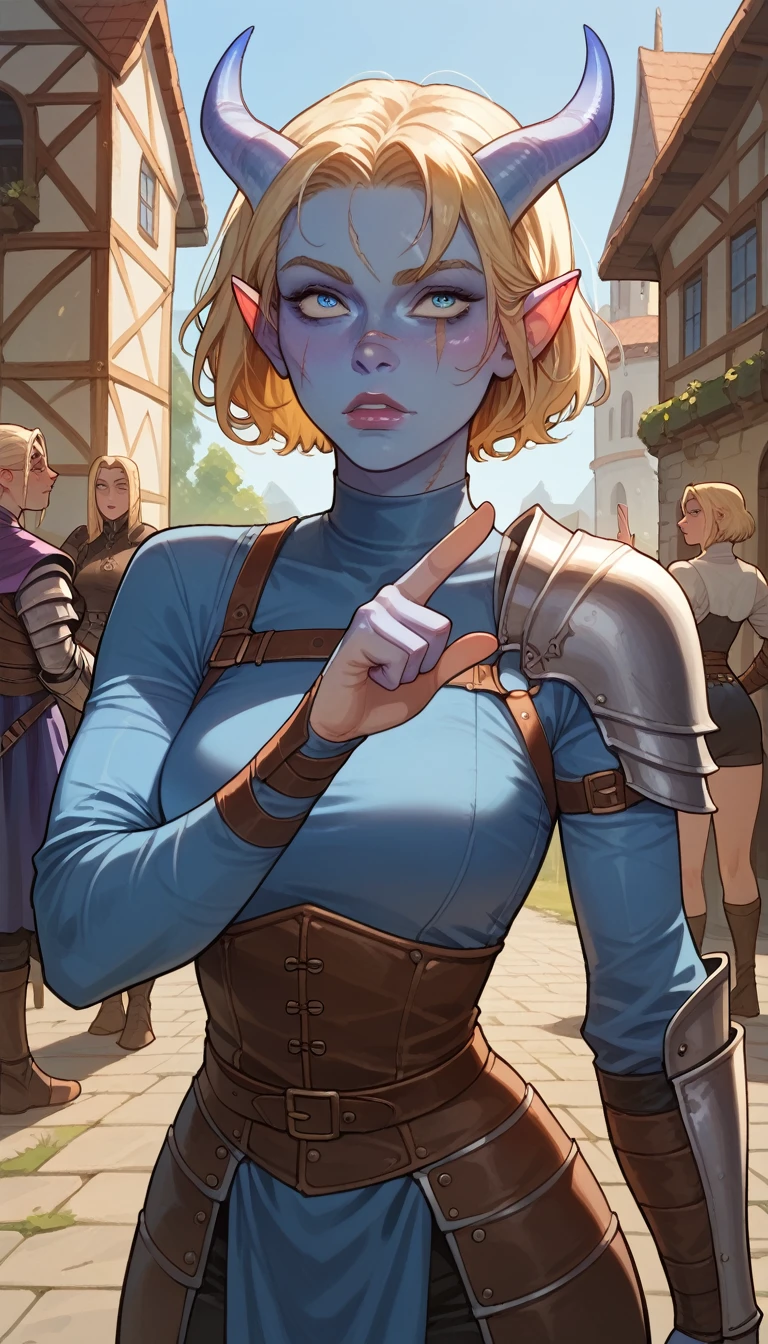 score_9, score_8_up, score_7_up, score_6_up, soruce_anime, 1girl, 20 year old, beautiful face, blue horns pointing up, blue skin, tiefling woman, medieval, knight lady, leather armor, blonde hair, short hair, scar, full body, heroic pose