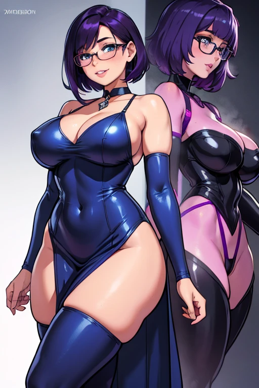 Beautiful young ager, 1girl, purple hair, blue eyes, extremely short hair, freckles, framed eyeglasses, heart shaped choker, happy, smiling, blushing, thick lips, full lips, gigantic breasts, very thin body, high leg dress, high leg outfit, dress, thigh-high leggings, high heels, perfect anatomy, detailed background, ultra-detailed, 4k, 8k, best quality, masterpiece