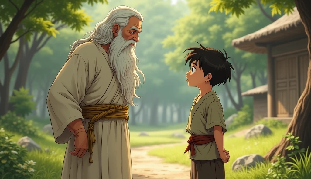 Generate an old wise man with white hair, wearing a white robe and a golden belt-rope, speaking with a young mischievous boy dressed in village clothes. The boy has both hands behind his back, hiding something. Slow motion shot: [a subject in motion].
