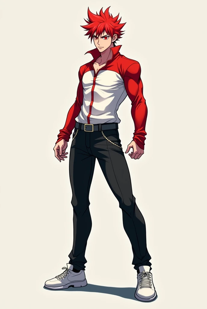 Create a male anime character with red hair up red eyes white and red shirt black pants and white shoes