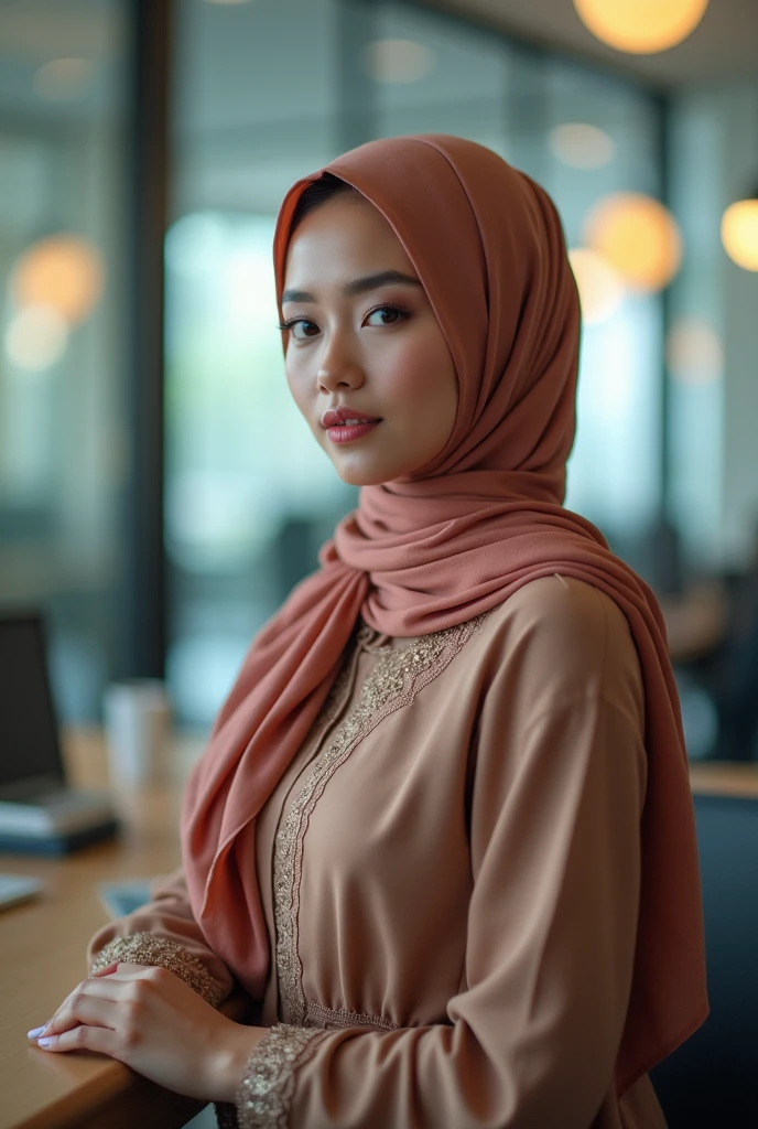 Office woman，Malaysian Muslim women，scarf，perspective，Short skirt，photograph，reality，beauty，Looking at the camera，front，Sexy，Cleavage，whole body，See the legs，HD pictures,Positive sister，Unbutton，Bigger breasts，Small leak，Cute face，nice，want to，My home，Touch your chest，Lace，effort，Good shape，S stature