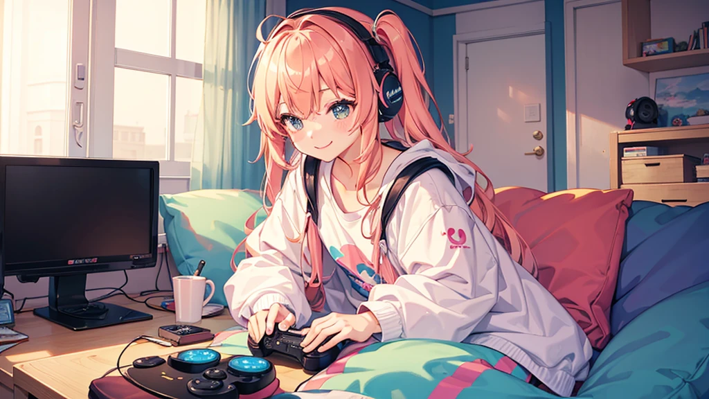 Please draw a scene of Kawaii playing a video game.。With a smile、Sitting on the couch with a game controller in hand、I have headphones on。In the background, a cozy room is depicted.、You can see the game monitor and decorations。Dressed casually、The colours used throughout the room create a bright and cheerful atmosphere.。