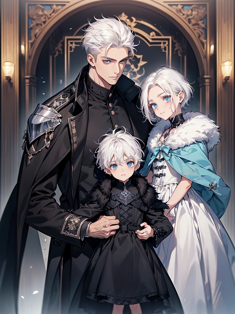 (work of art, high resolution, better quality, exquisite details,((Face details)),Family portrait ((There are four people.)), mother, father, twin sons , blue eyes, Front showing smiling face, long hair woman ((white hair)), manshort hair((manblack hair)), ,short hairสีดำ, ((blue eyes)),Quiff Hairstyles, ((short hairสีดำ)), [Thick eyebrows], ((black long coat)), ((all black)),Silver veil edge, (blue eyes) , handsome , muscle, Facial expressions, black knight armor , black fur shawl(Masterpiece,best quality,special, (Broad shoulders)) (muscle), A woman wearing a white dress,blue eyes, lover, Club , Superb details, Two 2 yeadren , Firsld, child((man))2s old ( hair )((blalue eyes,Second child, child((man))2 years old (short haiwhite h blue eyes.T , Family of four