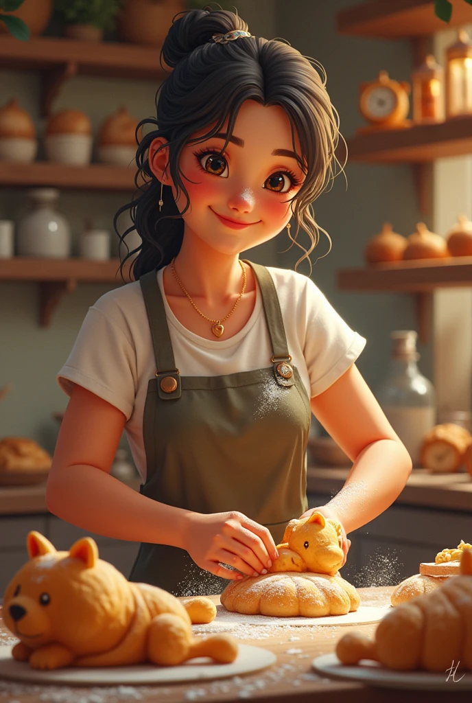 bakery, woman bakes, sells baked goods to customers, baked goods in the shape of pets, detail details, real, real