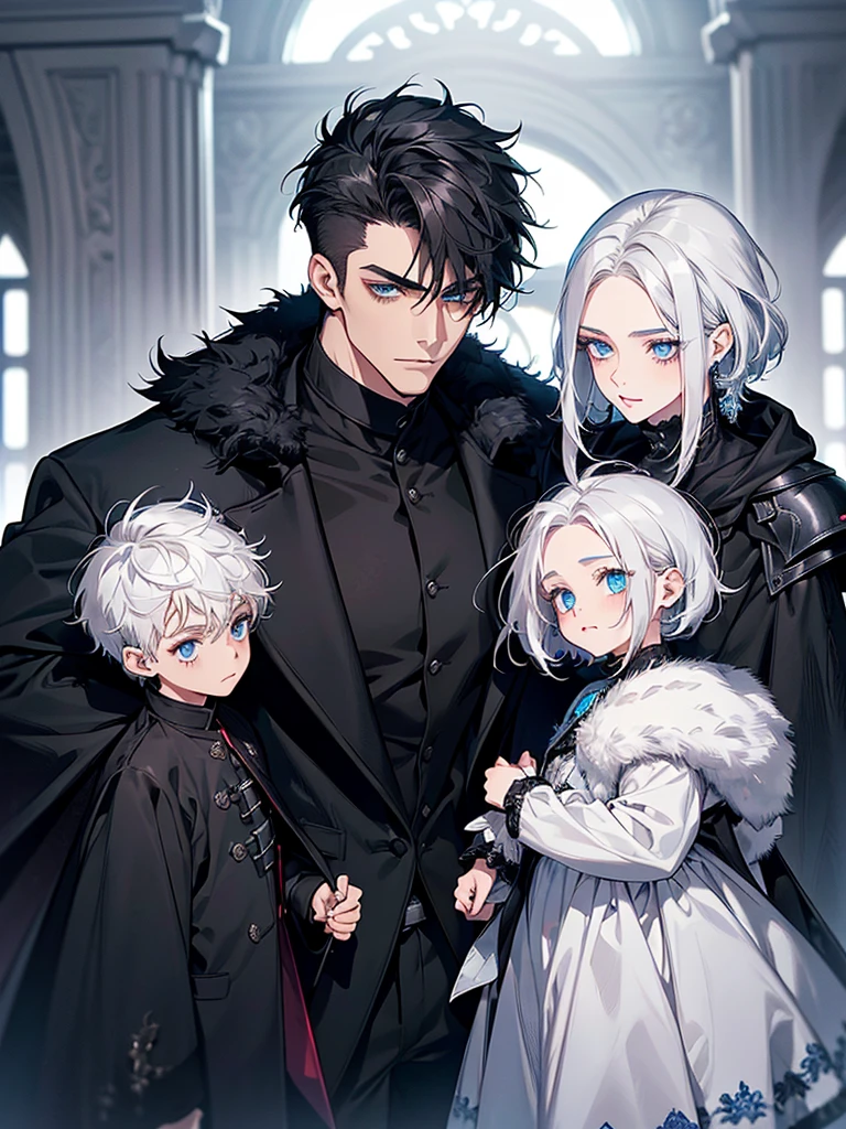 (work of art, high resolution, better quality, exquisite details,((Face details)),Family portrait ((There are four people.)), mother, father, twin sons , blue eyes, Front showing smiling face, long hair woman ((white hair)), manshort hair((manblack hair)), ,short hairสีดำ, ((blue eyes)),Quiff Hairstyles, ((short hairสีดำ)), [Thick eyebrows], ((black long coat)), ((all black)),Silver veil edge, (blue eyes) , handsome , muscle, Facial expressions, black knight armor , black fur shawl(Masterpiece,best quality,special, (Broad shoulders)) (muscle), A woman wearing a white dress,blue eyes, lover, Club party, Superb details, Two 2 year old children , First child, child((man))2 years old (short hair )((black hair)) blue eyes,Second child, child((man))2 years old (short hair) ((white hair)) blue eyes.Two children , Family of four