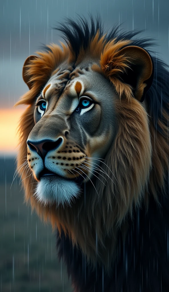 Create an ultra realistic 8k image of a strong and beautiful lion&#39;s face with blue eyes crying in the rain at sunrise