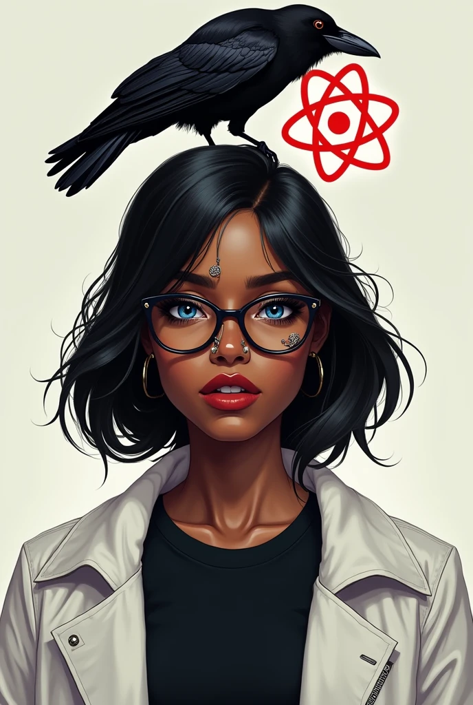 Une fille e avec une coupe de cheveux mi long, des yeux bleus avec tes lunettes avec un méchant regard, un piercing au nez et à l'arcade, lèvres avec une veste blanche, et une chemise noirste au-dessus d'elle un corbeau et un atome