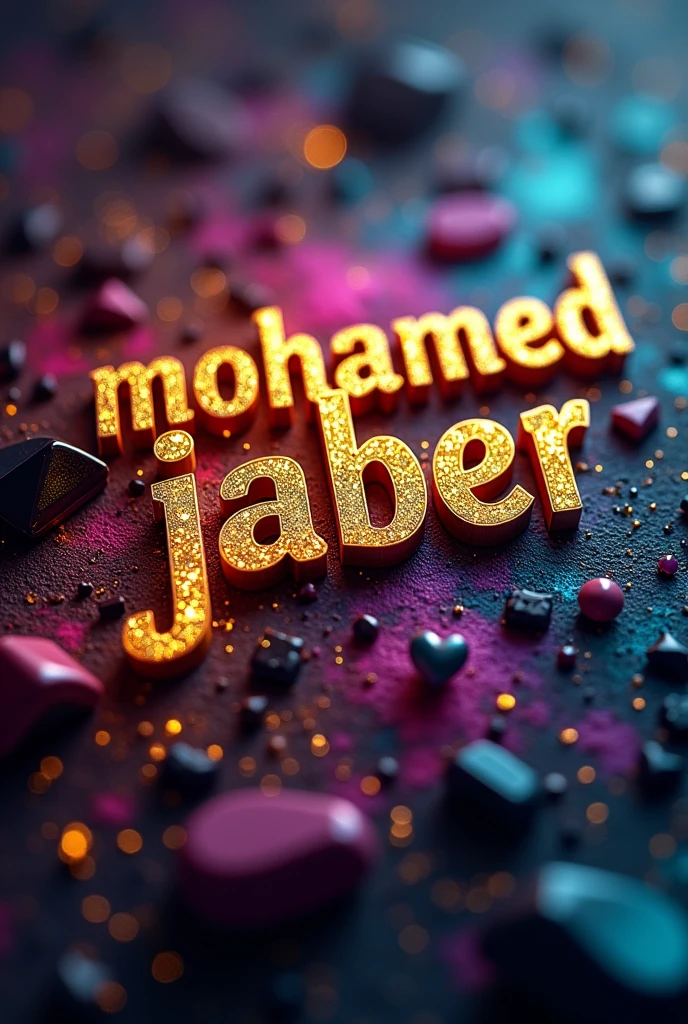  Make me a mobile wallpaper with a mixture of random colors, black, gray, and gold, with the word “Mohammed Jaber” in a beautiful 3D font with bright colors.
