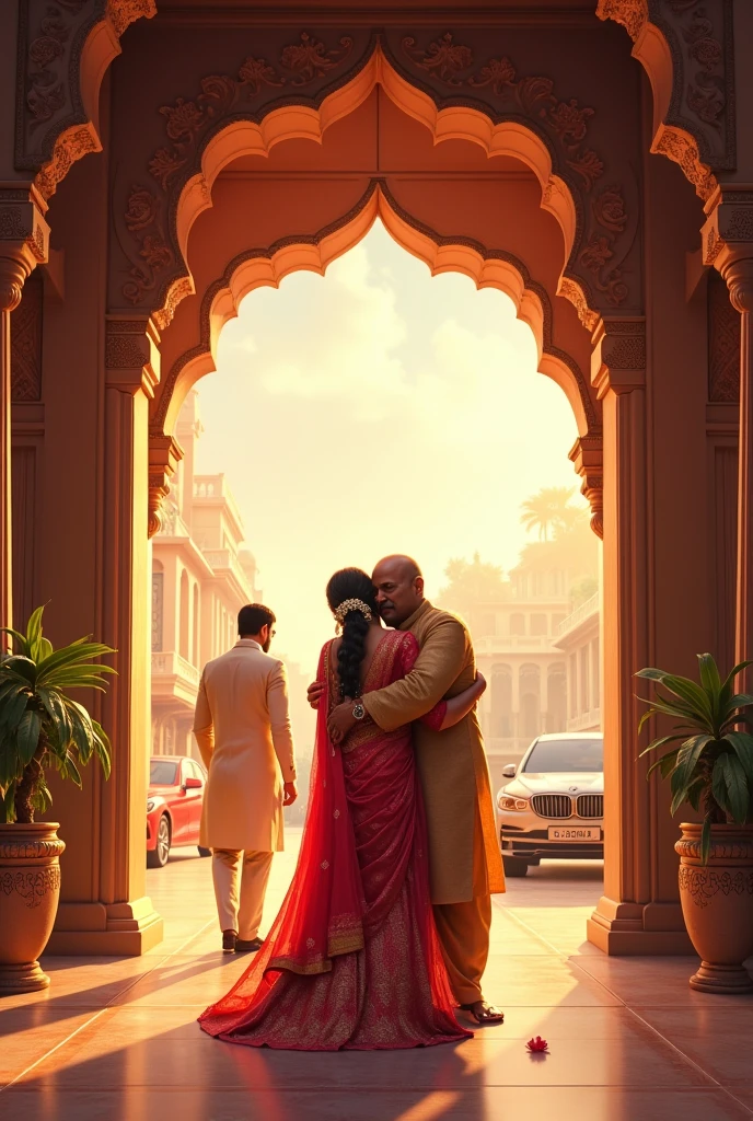 

father making bye to bride marriage Hall,groom waiting near the car outside the hall in the background south Indian style