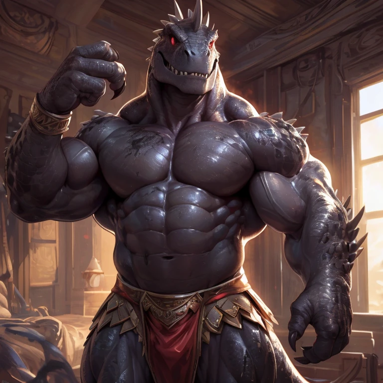 solo, anthro, furry male, T-Rex, ((Ultra detailed muscles)), (T-Rex print), black scales, white belly, spiny scales, standing up, men's bodybuilding pose, front double biceps pose, bodyguard outfit, black claws, red eyes, slit eyes, slim fit, muscular slim, bedroom, menacing, handsome, flirting, ultra detailed eyes, pecs, tail, hind leg, (Masterpiece, by null-ghost, hi-res, 8k), naked torso, black posing trunk, oil stain, front point of view,