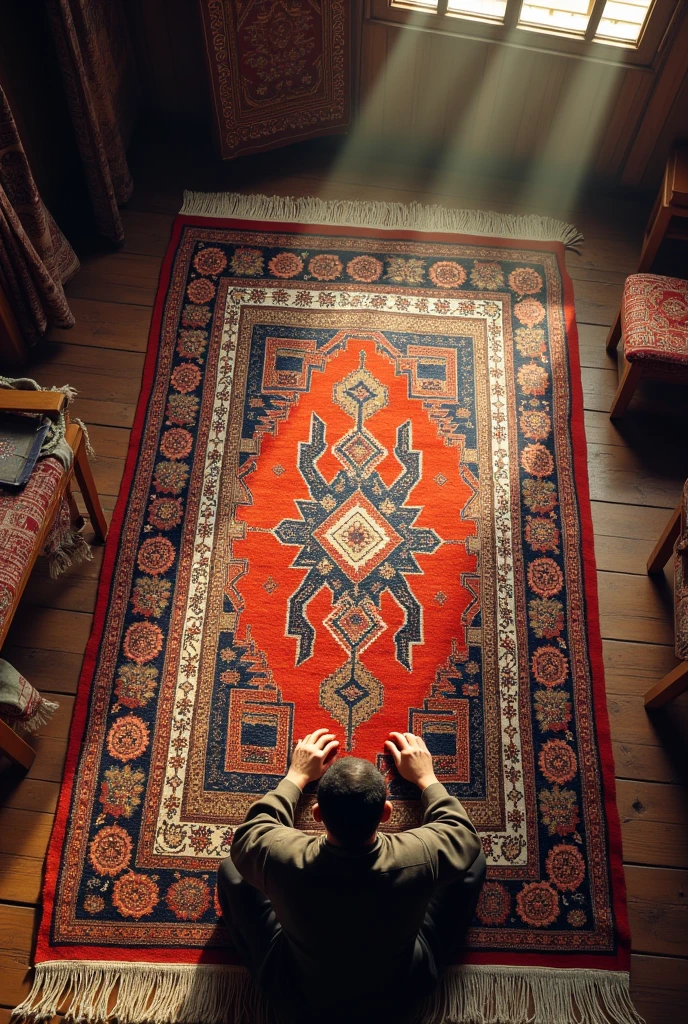 Afghan person Weaving a large size wool rug from Aerial view
