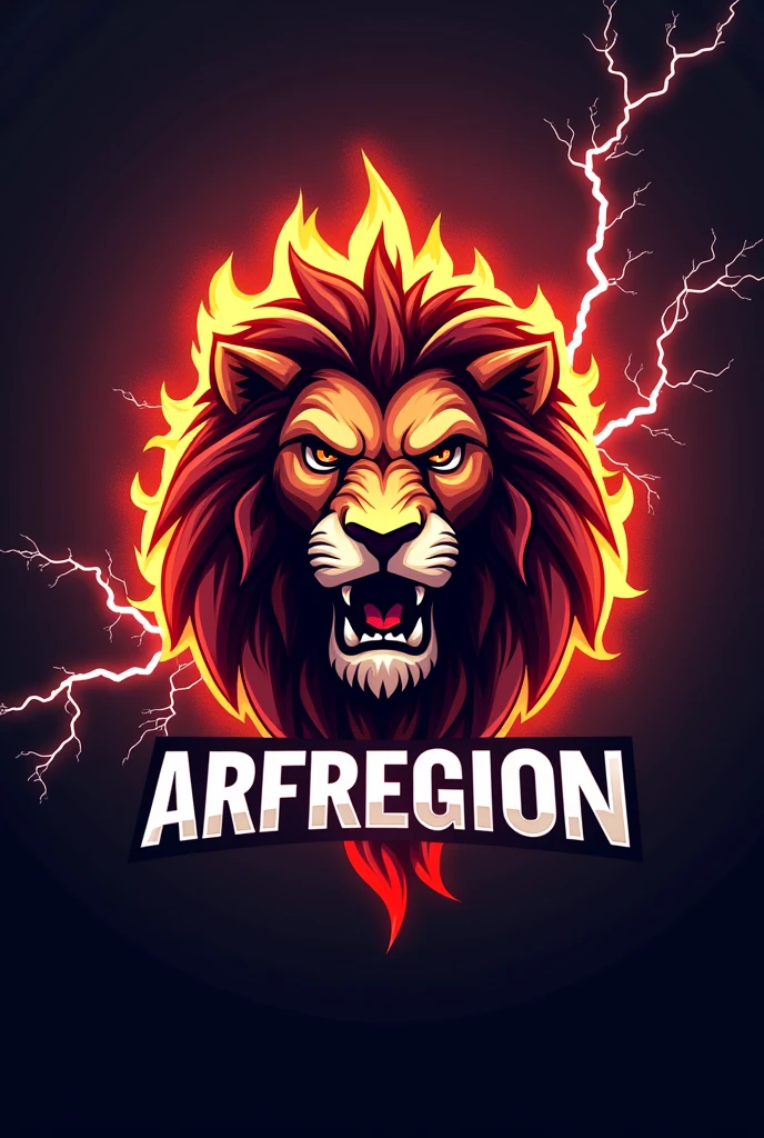 esport logo lion head fire effect and lightning effect with the words ARFREGION