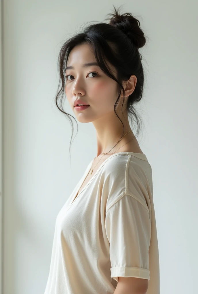 Highest quality、Photographed in natural light、Highly realistic photos、Detailed beautiful face、Japanese women、profile、One person、30-year-old female、Summer clothes、カジュアルなSummer clothes、Bun Hair、Don't look at the camera、indoor、In front of a white wall、Big Breasts