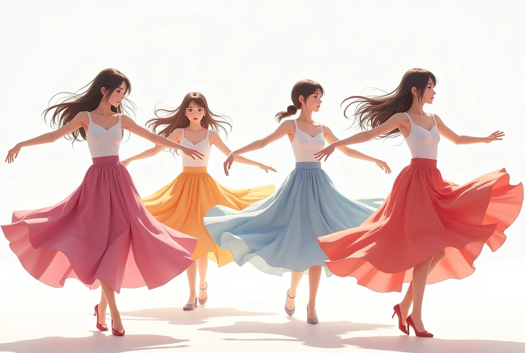 a group of four anime women practicing dance, all of them wearing simple white tank tops with elegant and colorful theatrical skirts.
