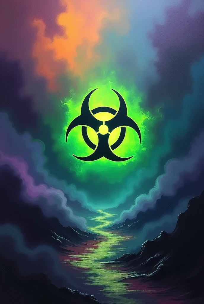 Logo with a glowing green biohazard sign, Purple Orange and Blue fog in dark background, liquid ink by Akihiko_Yoshida and krenz cushart; oil on canvas;r/Art; a masterpiece; ultra detailed
