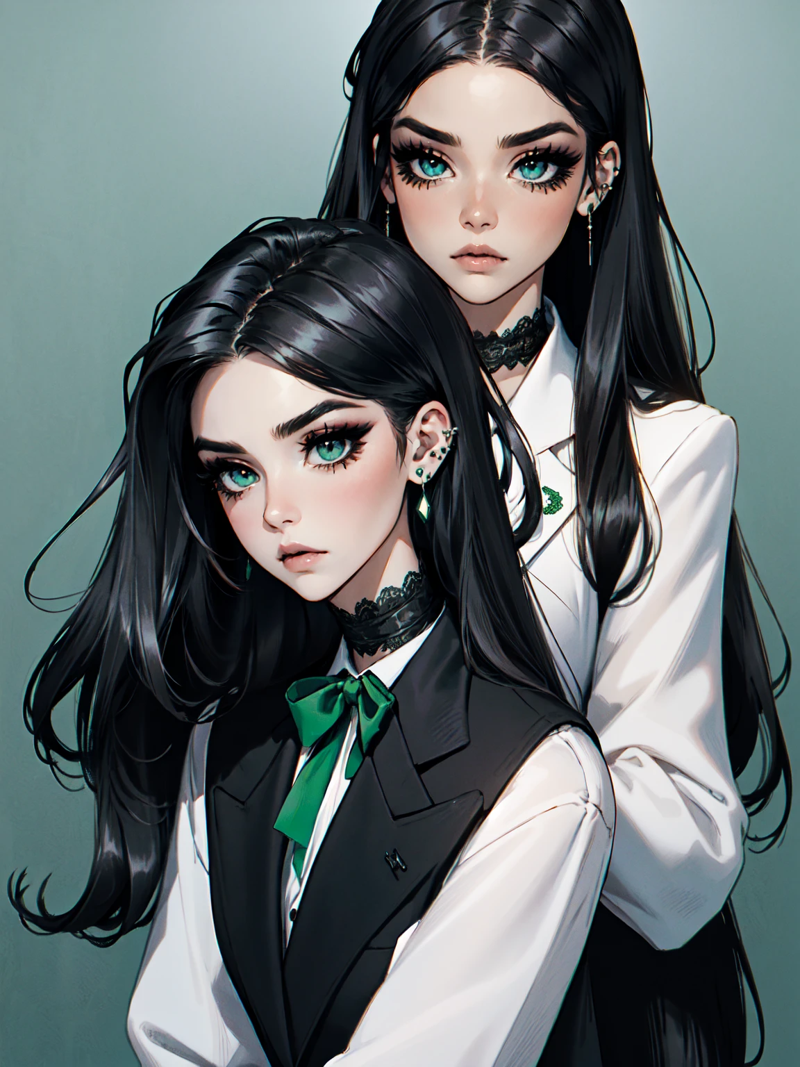 emo_hairstyle, ((tight black suit)), (black lace blazer), black tie, ((long hair)), ((straight hair)), (((black hair))), side swept bangs, white skin, pale, white, (green eye), tired expression, choker, ((dark makeup, mascara, eyeshadow)), multiple piercings, best quality, 8k, dark laboratory, dim lighting, white shirt, erotic, slytherin
