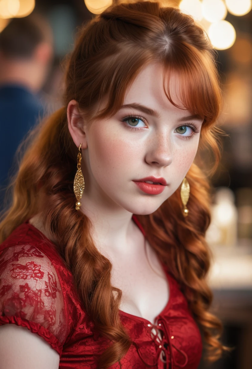 A young lady rs, with long red hair, wavy hair, tied in a side ponytail, with air bangs. She is wearing a red lace-up shirt. She is wearing leather pants. She has an hourglass figure. She is wearing gold earrings. Looking directly into the camera. She has fair skin, freckles, and braces, constricted pupils, parted lips, large breasts, perfect lips, big lips, perfect nose, cute face, baby facealism, cinematic lighting, jpeg artifacts, full body photo, bokeh, textured skin, UHD, best quality, masterpiece, high details