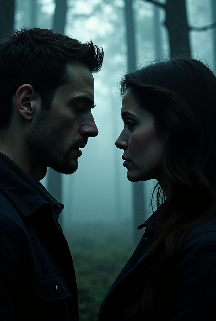 image of two mouths kissing, a man and a woman,dark path through the forest, heading towards a magic gate.black and gray gradient, hazy, realistic, 8k resolution, Unreal Engine, cinemati. close up only on the mouths