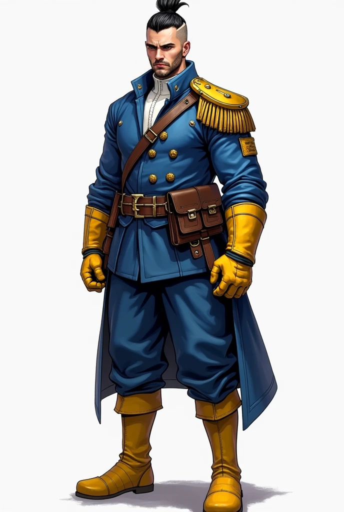 Depicting a proud elite warrior, he is slimmer and wears blue combat uniforms.、He&#39;s wearing a white undershirt and yellow-toed boots. Remove his beard, stand his hair up, and put on yellow-toed boots.