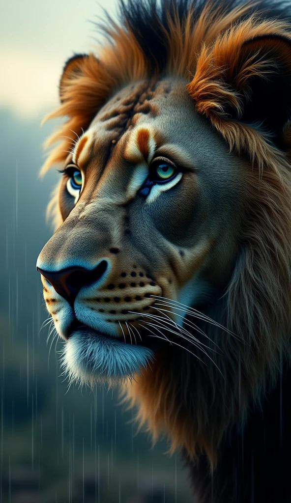 Create an ultra realistic 8k image of a strong and beautiful lion&#39;s face with blue eyes crying in the rain at sunrise