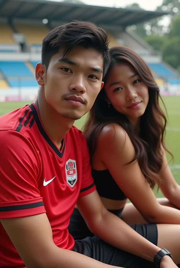 a young man (arhan) Indonesian national football team,with the red Indonesian national team jersey,sitting with a beautiful Indonesian woman,a woman with a slightly fat and sexy body,short t-shirt,facing the camera,football field background,photo realist5is,real,4k,8k,UHD
