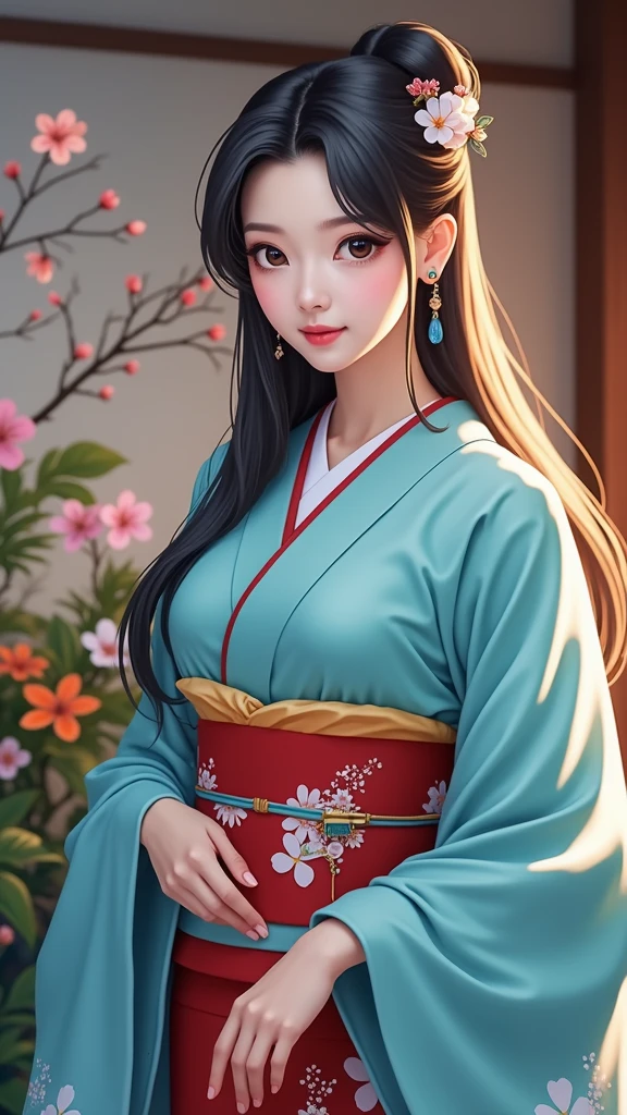 (masterpiece、Highest quality、8k、High resolution)、Traditional Japanese beauty in kimono、Floral pattern on white background、Vibrant colors、She resembles actress Keiko Kitagawa、Japanese garden、There is a pond、Colorful flowers、Vibrant colors、Cherry Blossom、There is a drum bridge、A complete portrayal、Detailed anime art、