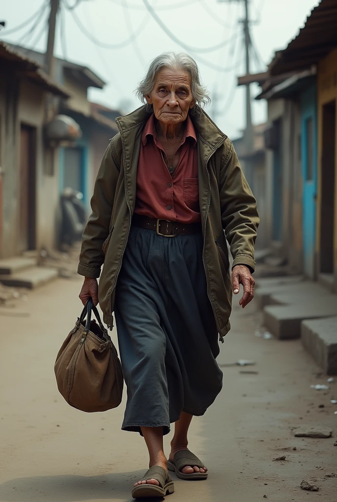 image of a old woman walking on the street holding a bag and saw on her face the struggle and i want it to be a realistic image