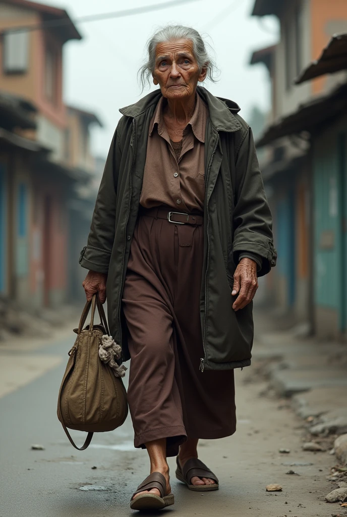 image of a old woman walking on the street holding a bag and saw on her face the struggle and i want it to be a realistic image