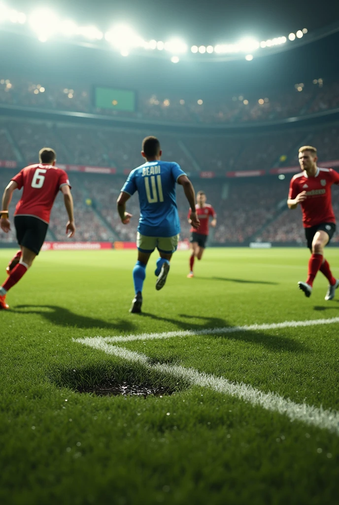 Football players pee stains on the pitch