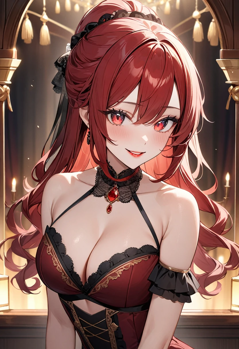 (masterpiece, top quality, very aesthetic, 4k、illustration), intricate detail, 1woman,solo,contrapposto 、(gradient eyes、tareme)、Strong glowing eyes、parted bangs,Fair skin,(upper body)、Cool women、Cleavage、 smile、(red lipstick),beautiful face、(gradient hair)、(red hair)、(half updo),sidelock ,red eyes、halter top Victorian Dress、medium breasts、slender 、