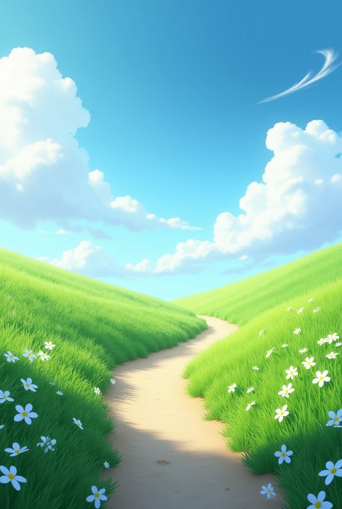 A beautiful and calm 8k full hd ultra realistic path with green grass and white flowers and beautiful sky