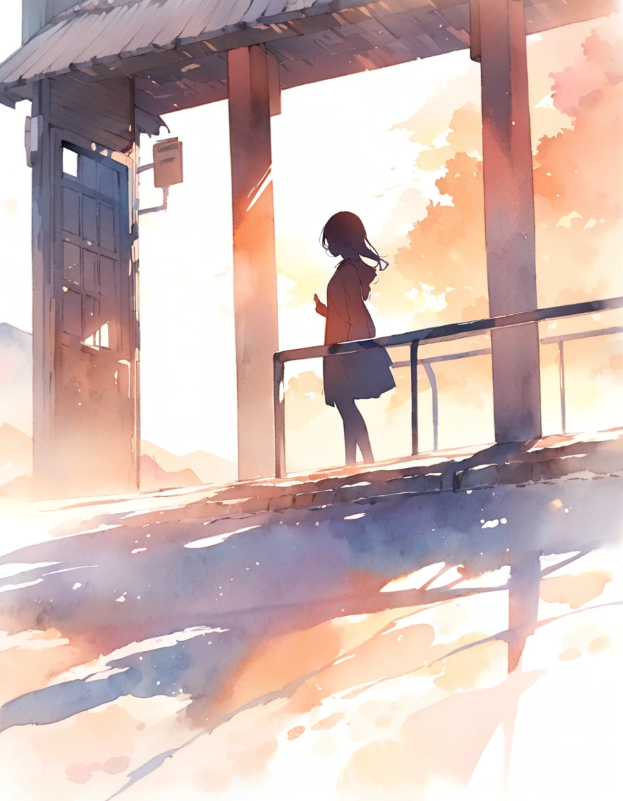 A silhouette of a female student standing at a deserted bus stop in the countryside、Look at me and smile、Raise one hand、Scenery of Showa、sunset、The shadow of the man looms over the woman、Watercolor、half body photo
