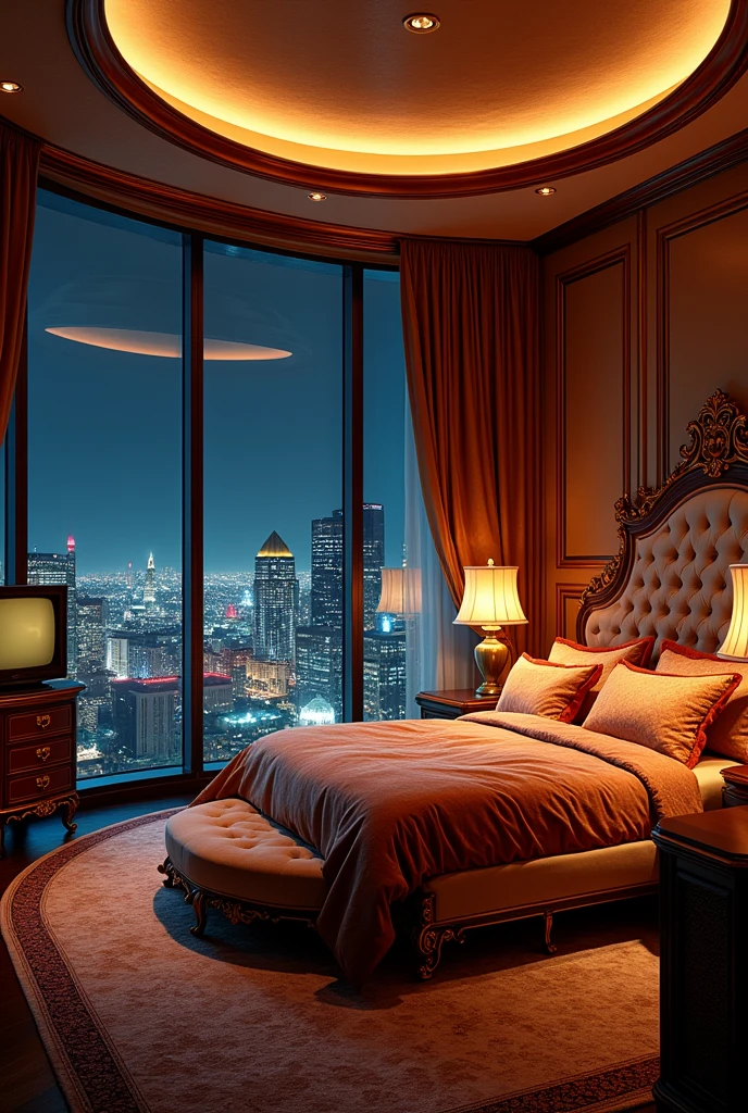 A very luxurious and extravagant bedroom. The bed is round with velvet sheets and an elegant carpet. It is the year 1985. It is nighttime and you can see the windows in the penthouse. The bedroom is very large with an old television.