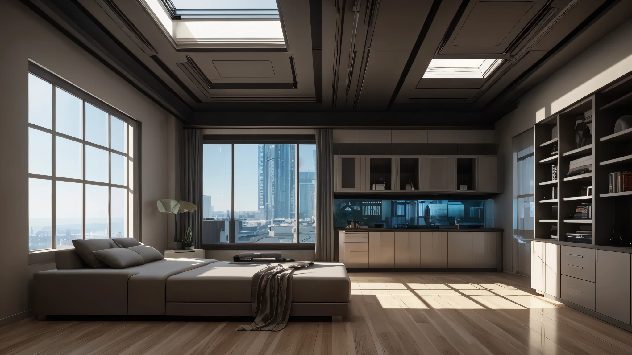 scifi, luxury house, architectual, space design, cyberpunk, futuristic, hightech, hard-surface design, daylight, much tech, much electronic, much space, very cozy, ambient light, realistic view, wide angle, year 2124
