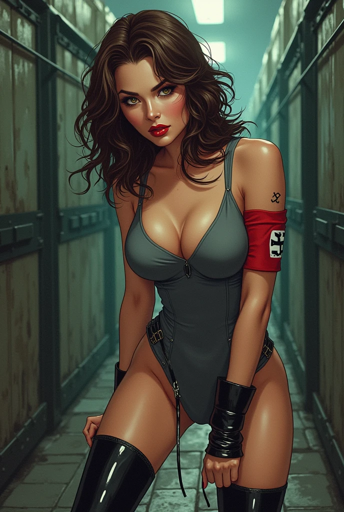 Comic book style. Nazi princess with medium length brown hair, brown eyes, glossy red lips and a skintight gray  athletic dress with thigh high combat boots. A red Nazi swaztika hair pin and armband accessorize her outfit.  She is posing in a sexily in s prison camp. Long eyelashes, seductive smile