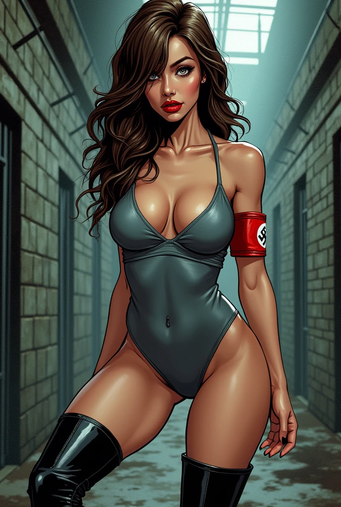 Comic book style. Nazi princess with medium length brown hair, brown eyes, glossy red lips and a skintight gray athletic dress with thigh high combat boots. A red Nazi swaztika hair pin and armband accessorize her outfit. She is posing in a sexily in s prison camp. Long eyelashes, seductive smile