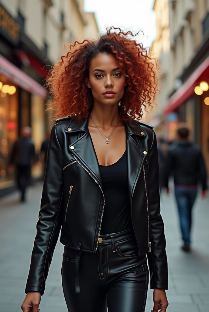 Woman with curly hair in leather jacket goes shopping