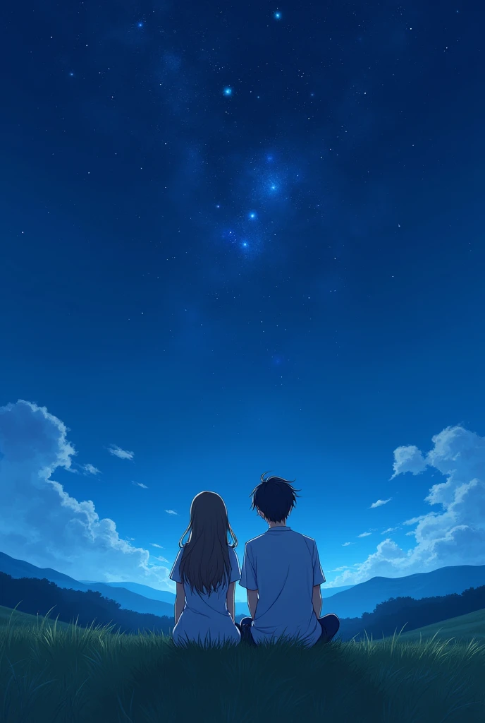 "Create an anime-style image featuring a 21-year-old girl and boy sitting together on a grassy hill at night. They are looking up at a sky filled with bright, twinkling stars. The girl has long, flowing hair and is wearing a casual, light-colored dress, while the boy has short, slightly messy hair and is dressed in a simple shirt and jeans. The night sky is clear, with a few distant clouds, and the stars are vividly bright, some forming constellations. The hill is surrounded by a peaceful, rural landscape with gentle slopes, and a soft breeze is gently swaying the grass around them. The mood is serene and filled with a sense of wonder and quiet connection between the two characters."