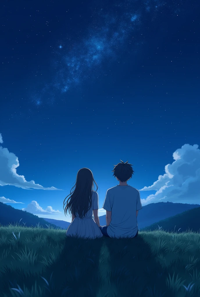 "Create an anime-style image featuring a 21-year-old girl and boy sitting together on a grassy hill at night. They are looking up at a sky filled with bright, twinkling stars. The girl has long, flowing hair and is wearing a casual, light-colored dress, while the boy has short, slightly messy hair and is dressed in a simple shirt and jeans. The night sky is clear, with a few distant clouds, and the stars are vividly bright, some forming constellations. The hill is surrounded by a peaceful, rural landscape with gentle slopes, and a soft breeze is gently swaying the grass around them. The mood is serene and filled with a sense of wonder and quiet connection between the two characters."