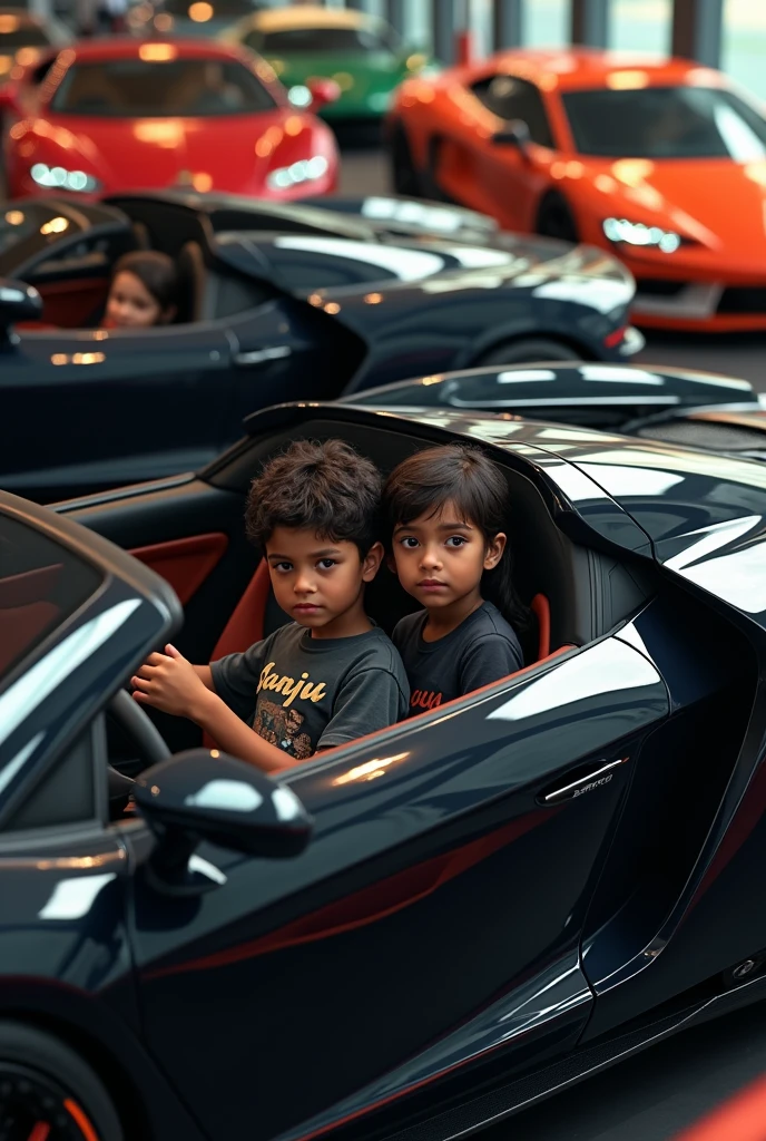 Begraund in super cars Lamborghini, bugati , car's colour is black, inside card bonat siting a boy and girl , boy t-shirt in text ' SANJU ' . the boy and girl age is 16-17.
