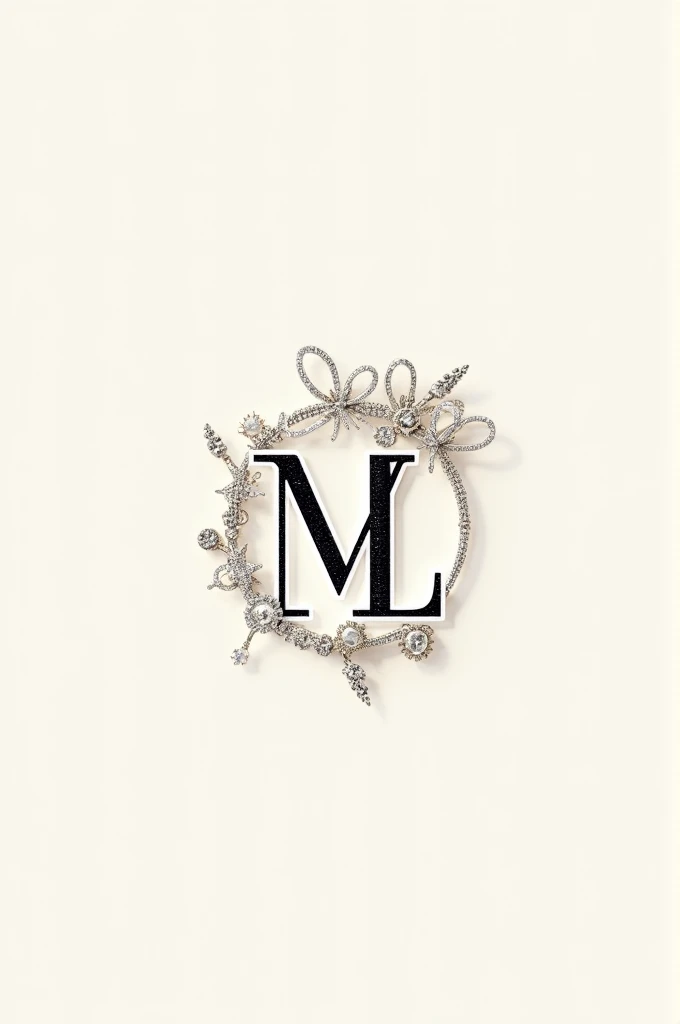 Create an accessories logo with the initials M and L and between the letters have accessories such as bracelet, earrings, ring and necklace and below say accessories
