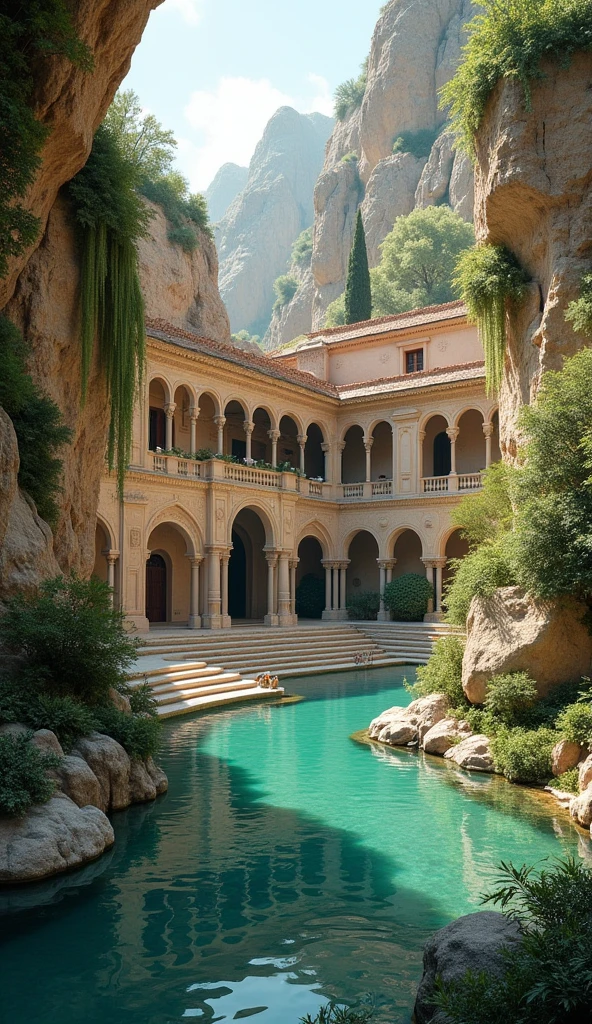 A serene palace emerging from the rocky cliffs of a hidden valley where it’s always spring. The structure seamlessly blends with the surrounding rock, featuring Greek temples, Islamic gardens, and expansive Andalusian courtyards. Surrounding the palace are pools filled with clear, spring-fed water, their surfaces reflecting the lush, flowering landscape. Fountains, carved into the rock, release gentle streams of water into the pools, enhancing the palace’s peaceful, eternal beauty.