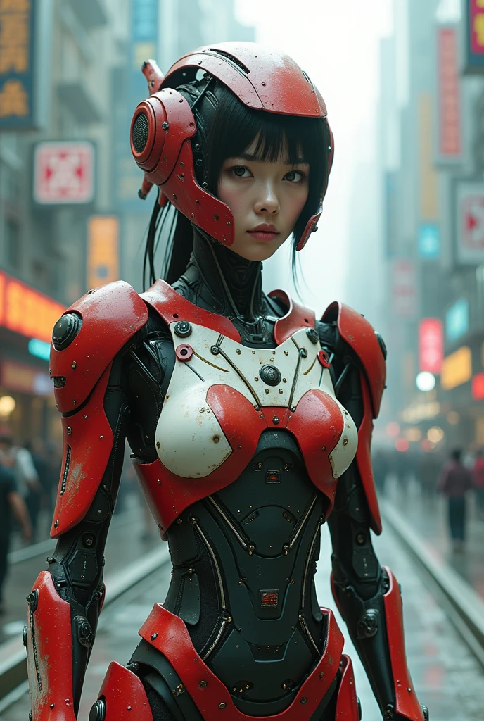 Cyborg female warrior, her entire body is made of mechanical devices, and her head, excluding the face, is also partially made of mechanical devices. Part of the head has a helmet-like mechanical device, a young woman's face with an innocent style, an Asian woman's face, and various small electronic circuits and small parts are expressed in detail on the mechanical device. The colors of the machine are red and white. The machine is 50% black and 50% green, and the angled parts of the machine are slightly worn and show signs of wear. The feeling of a veteran warrior who has experienced numerous battles, the ratio of the head to the pelvis shown on the screen, the overall lighting color is white and yellow, the background of the screen is a very futuristic city with a gorgeous yet dark atmosphere, and the angle shows the head to the navel. , outdoor future city background
