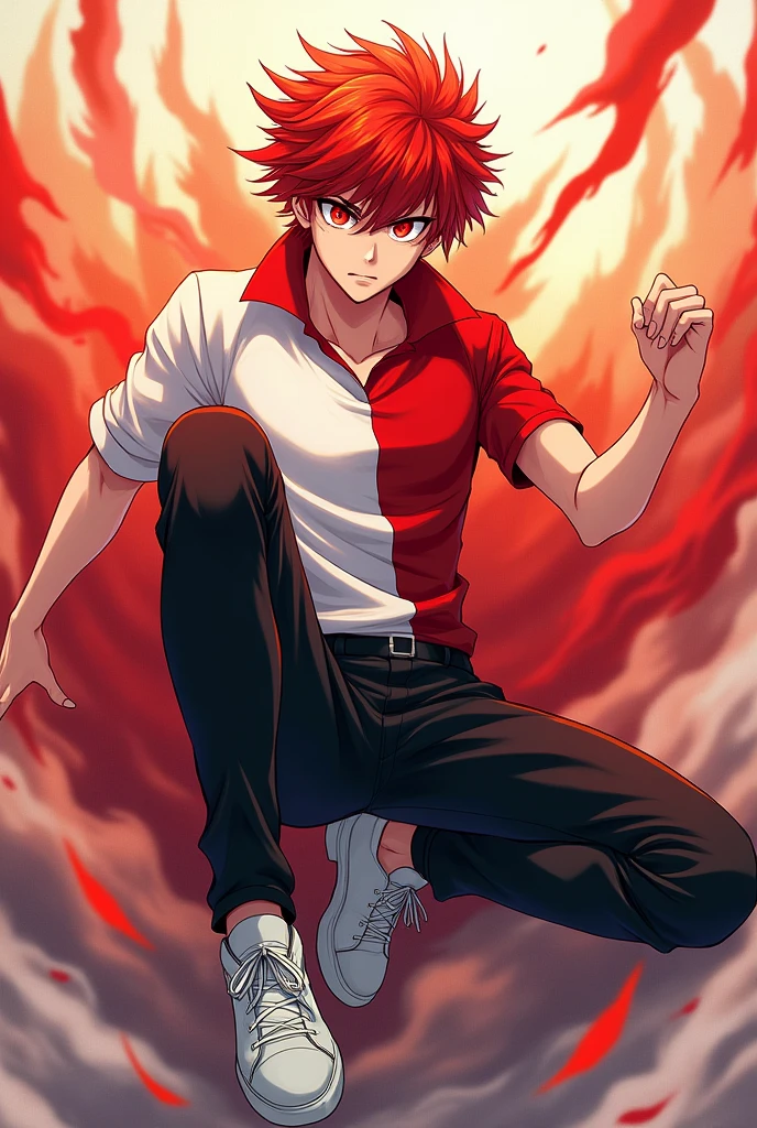 Create a male anime character with fiery red hair red eyes white and red shirt black pants and white shoes