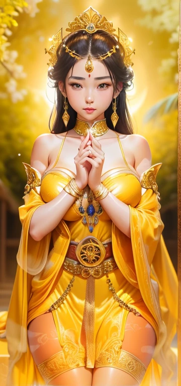 Ultra-realisticな8K CG, (wonderful: , Perfect artwork, masterpiece, Ancient Dynasties, Medieval, Fantasy), ((Detailed Background))), 20-year-old Korean muscular fresh model, Stunningly beautiful, whole body, Traditional clothes that follow her curves, glossy golden wet skin, 50mm Portrait, Glamour,（Gold micro bikini with gold embellishments）（Big Saggy ，large drooping udder，Saggy breasts）（Cleavage exposure、Navel exposure、Expose your upper arms、Exposed thighs）（golden headband）（Golden Garter Stockings） Soft curves, Perfectly wet lips, Abdominal muscles, Ultra-realistic, sun